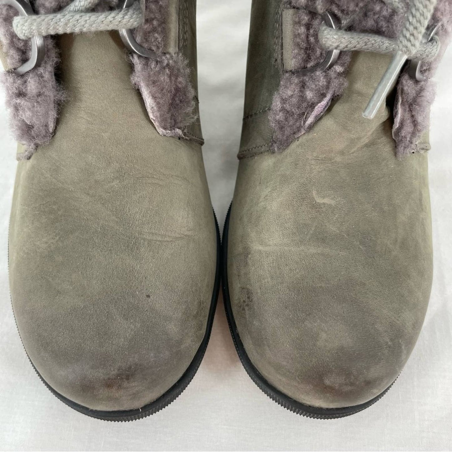 Sorel Joan of Arctic Wedge II Shearling Leather Boots Quarry Grey Greige Size 9.5