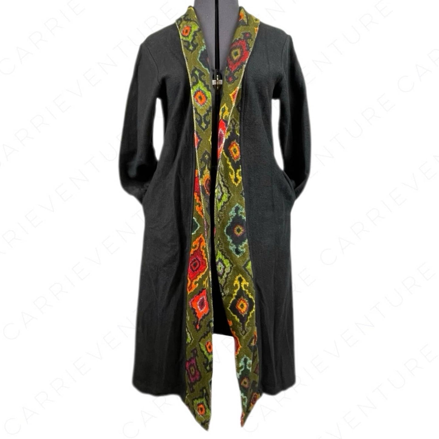 Benares Duster Jacket Cardigan Black Cotton Open Front Colorful Tapestry Trim Size S