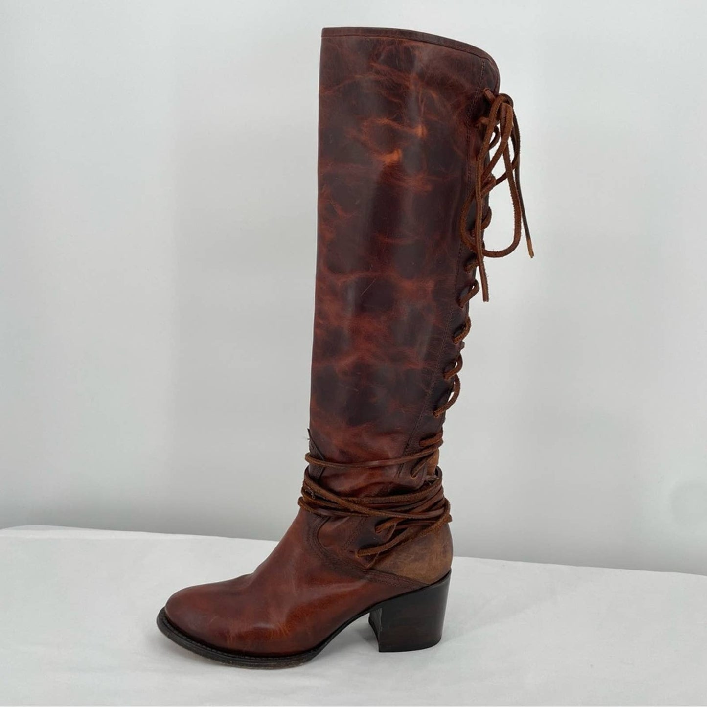 Freebird by Steven Coal Cognac Brown Red Lace Back Tall Heeled Leather Boots Size 9