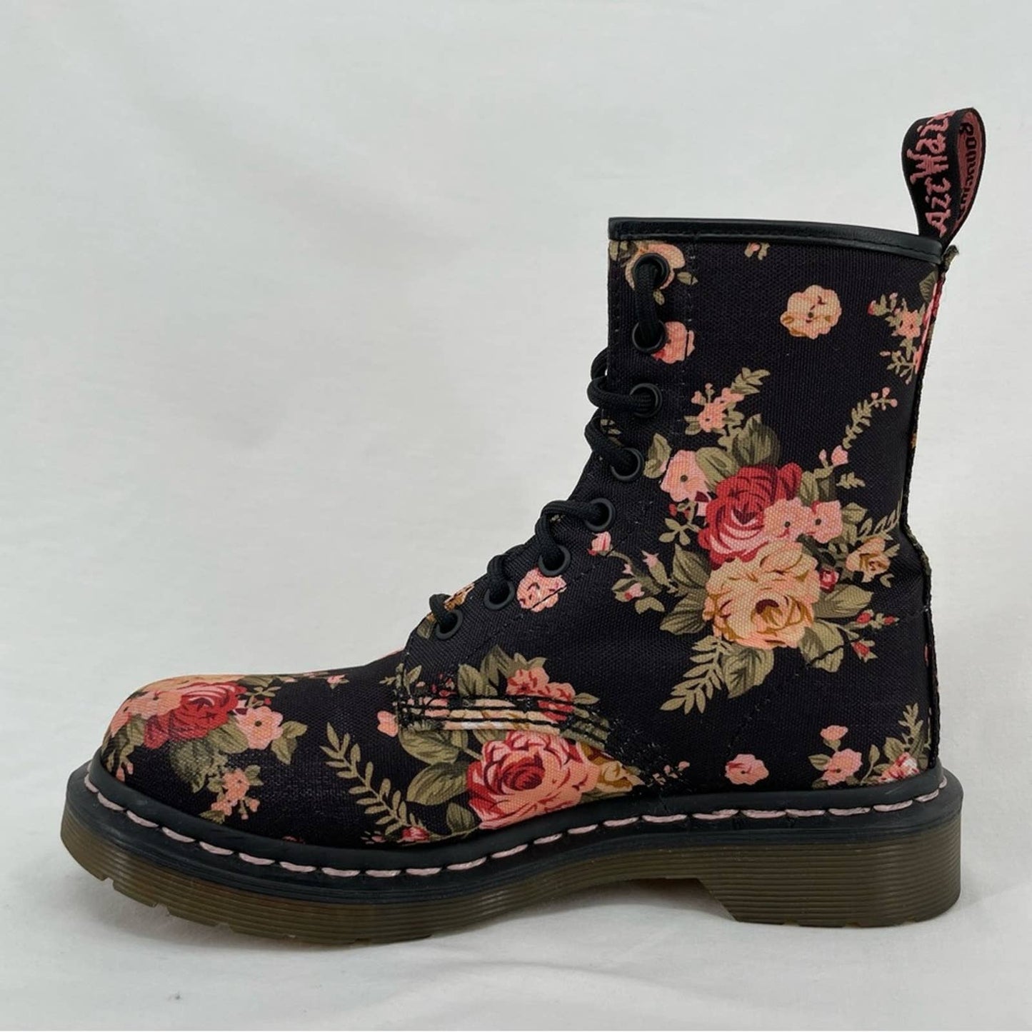 Dr. Martens 1460 Victorian Rose Antique Floral Black Canvas Combat Moto Boot Size 6