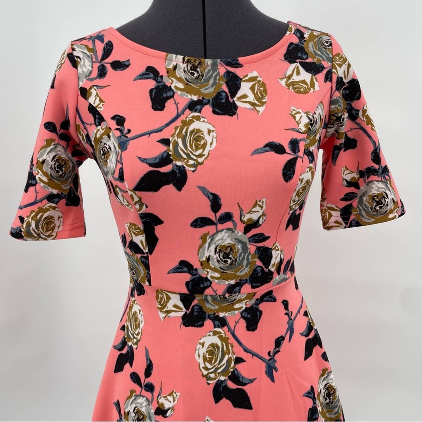 Forever 21 Coral Pink Roses Floral Gray Print Tea Party Garden Shower Dress Size S