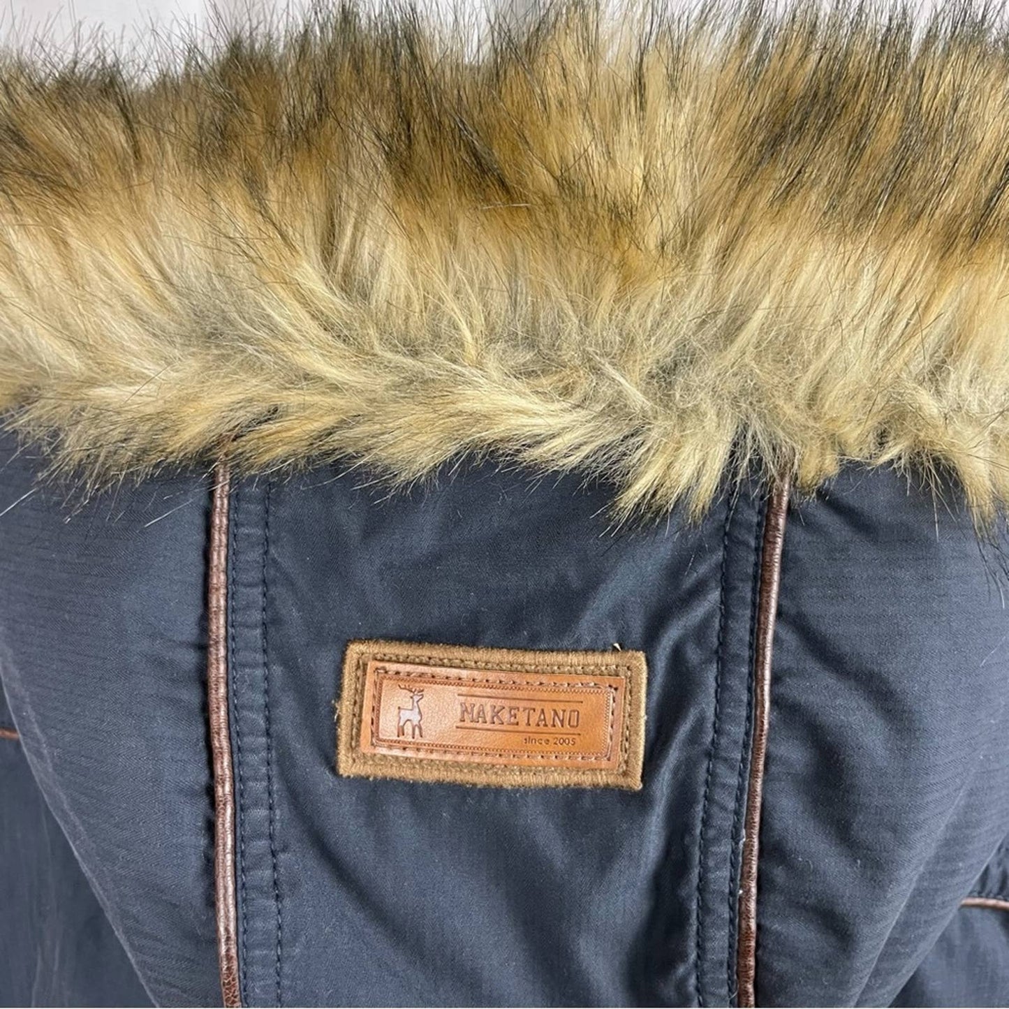 Naketano Navy Parka Dark Blue Long Plush Lined Heavy Faux Fur Hood Winter Coat Size S