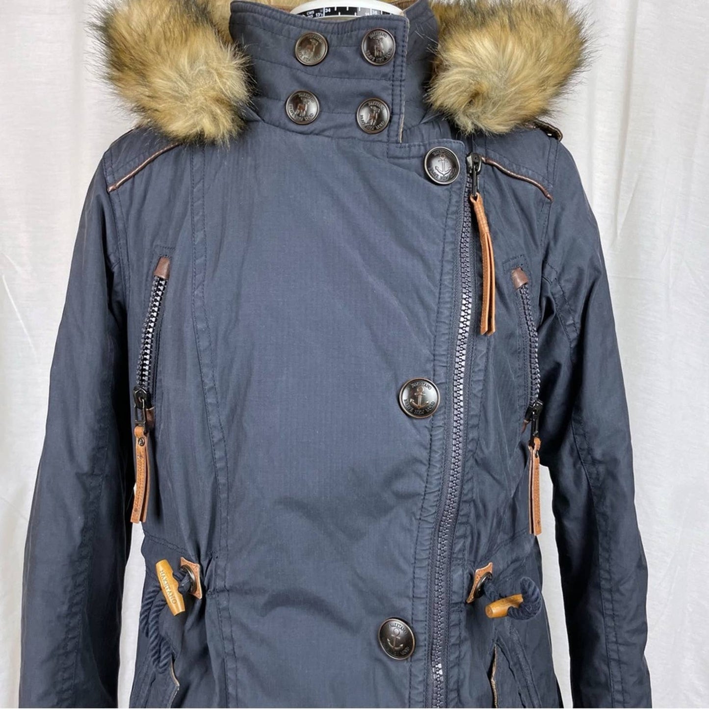 Naketano Navy Parka Dark Blue Long Plush Lined Heavy Faux Fur Hood Winter Coat Size S