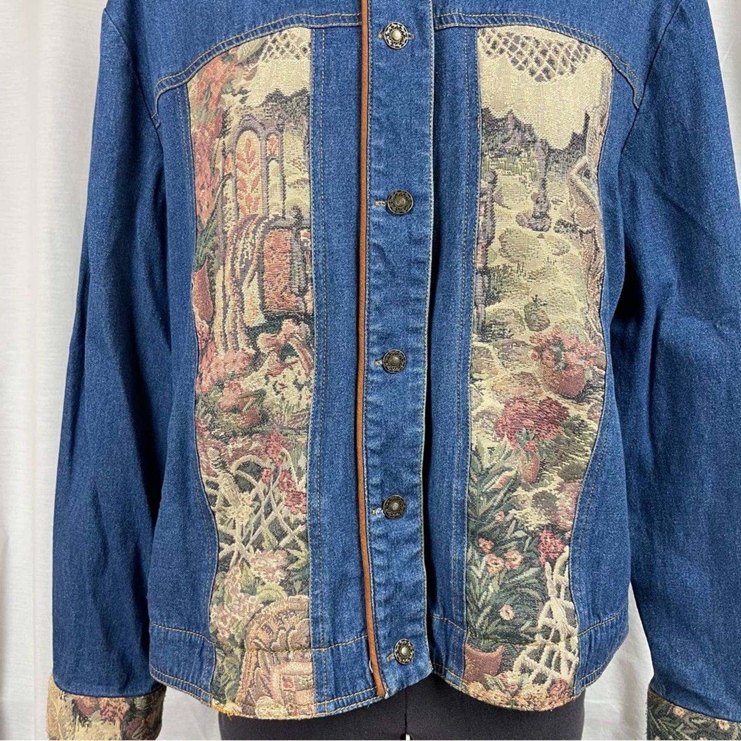 Vintage Erin London Tapestry Garden Floral Chambray Denim Button Shacket Jacket Size L