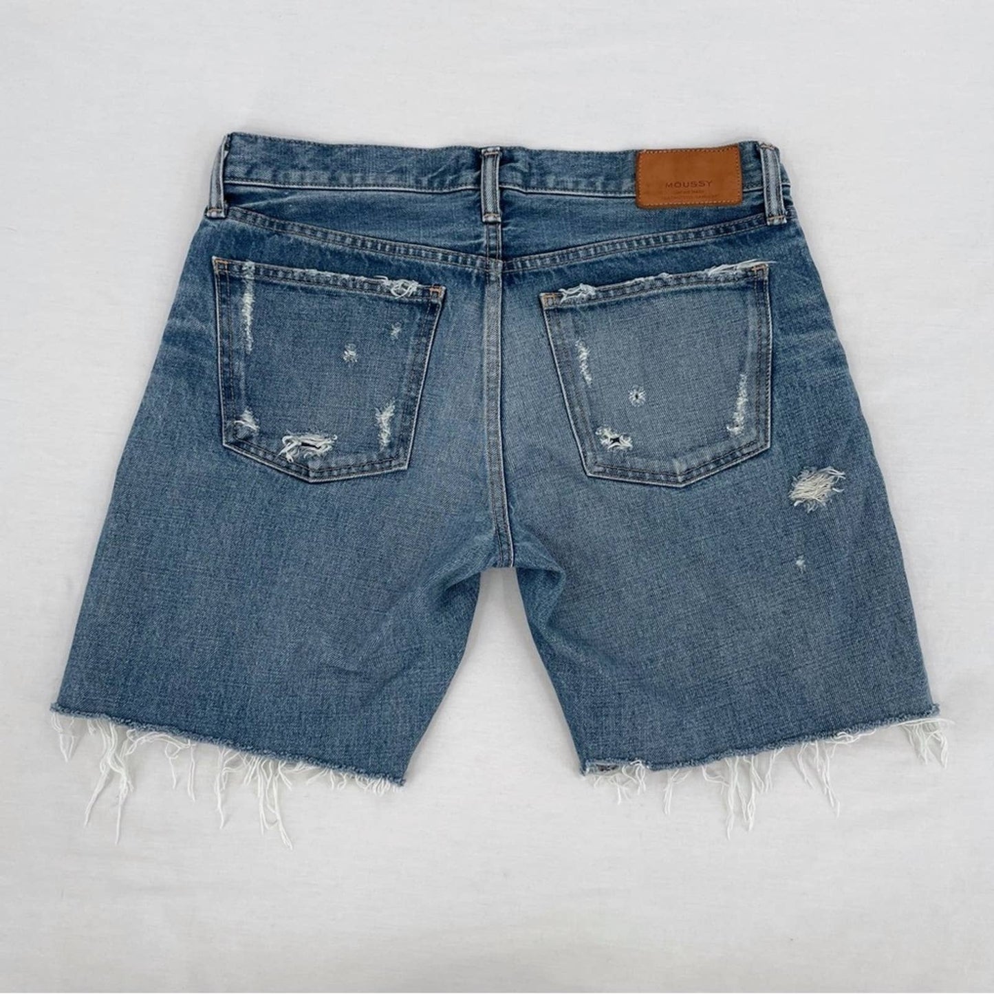 Moussy Aberdeen DIY Cutoff Jean Shorts Raw Hem Mid Wash Blue Distressed Style 0108AC11-5790-1 Size 29