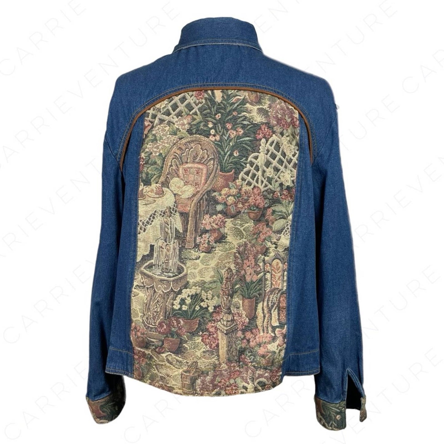 Vintage Erin London Tapestry Garden Floral Chambray Denim Button Shacket Jacket Size L