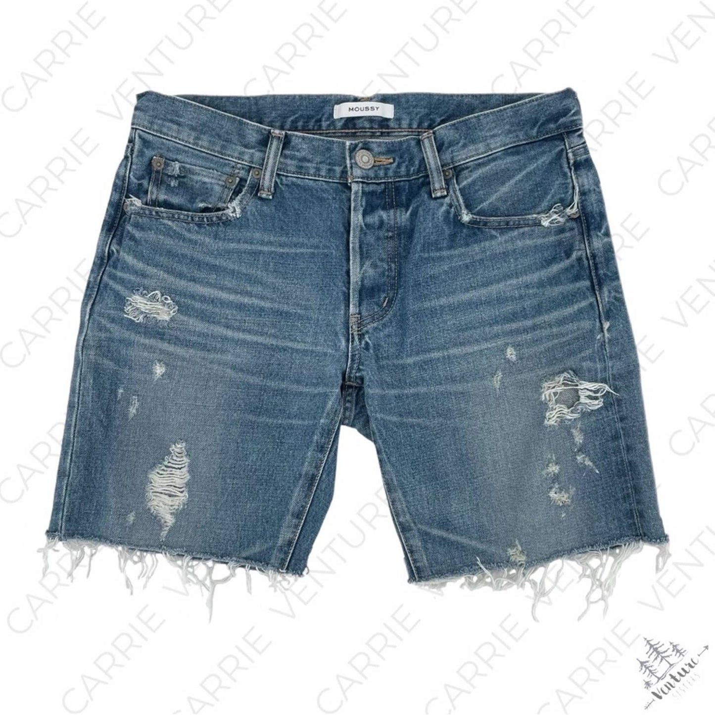 Moussy Aberdeen DIY Cutoff Jean Shorts Raw Hem Mid Wash Blue Distressed Style 0108AC11-5790-1 Size 29