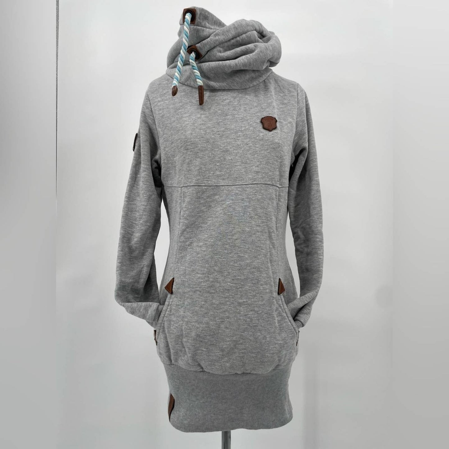 Naketano Light Grey Hoodie Cozy Long Length Hooded Tunic Dress Hoody Cowl Pocket Size M