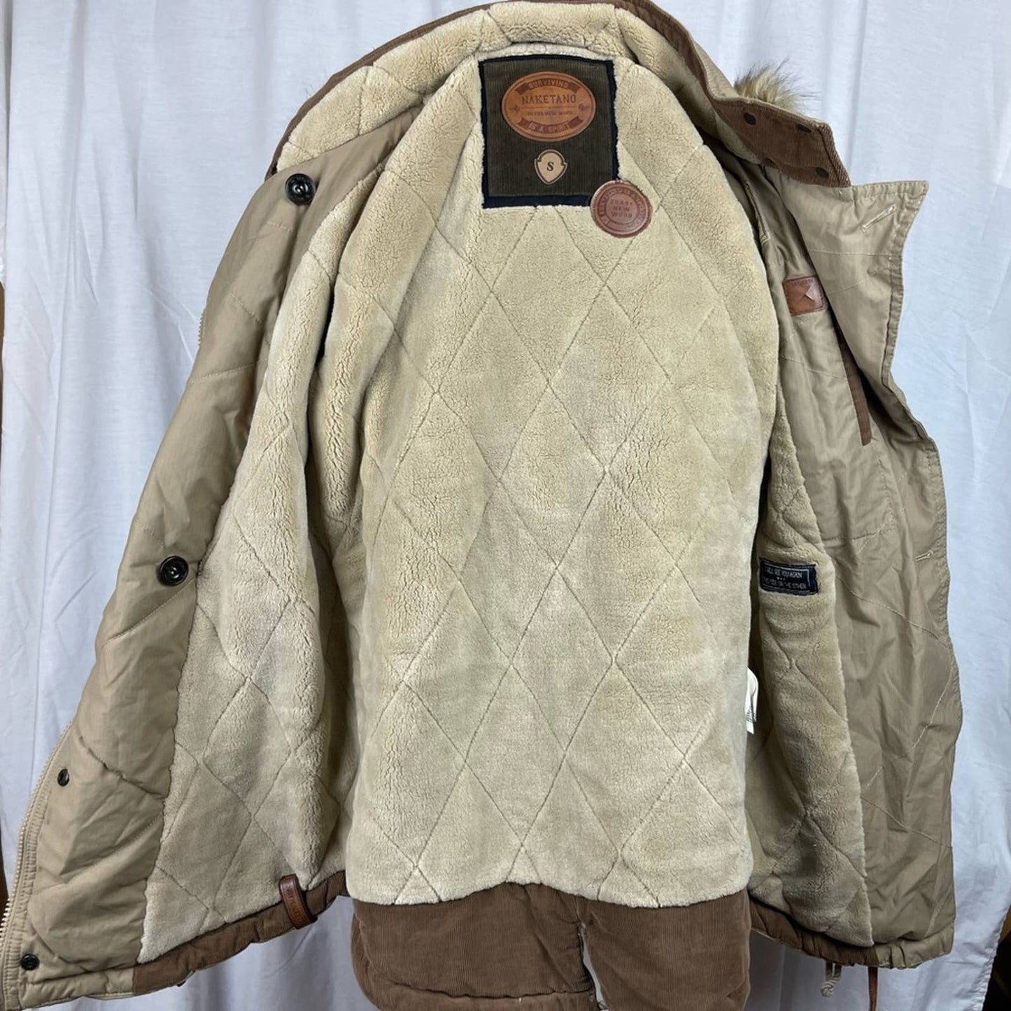 Naketano Camel Parka Sand Tan Long Plush Lined Heavy Faux Fur Hood Winter Coat Size S