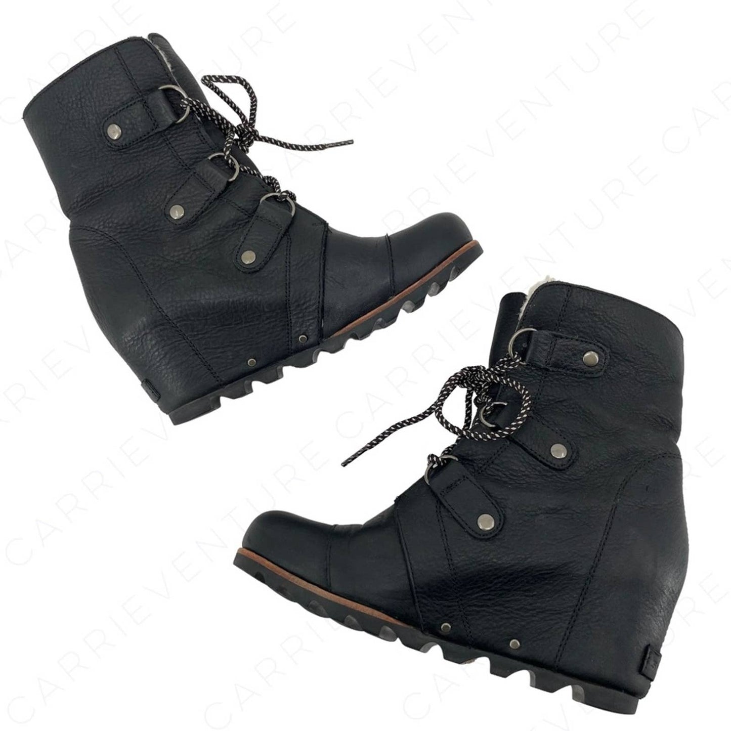 Sorel Black Joan of Arctic Wedge Real Shearling Trim Leather Mid Style Boots Size 9.5