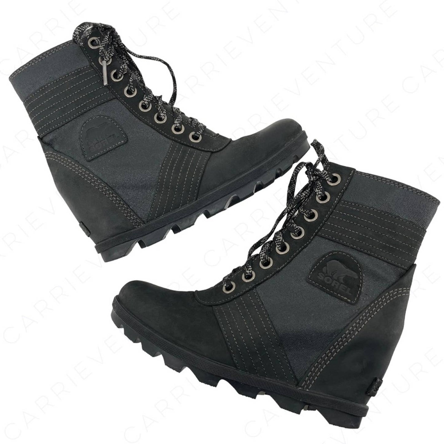 Sorel Womens Lexie Wedge Boot Black Leather Waterproof Canvas Winter Booties Size 8.5