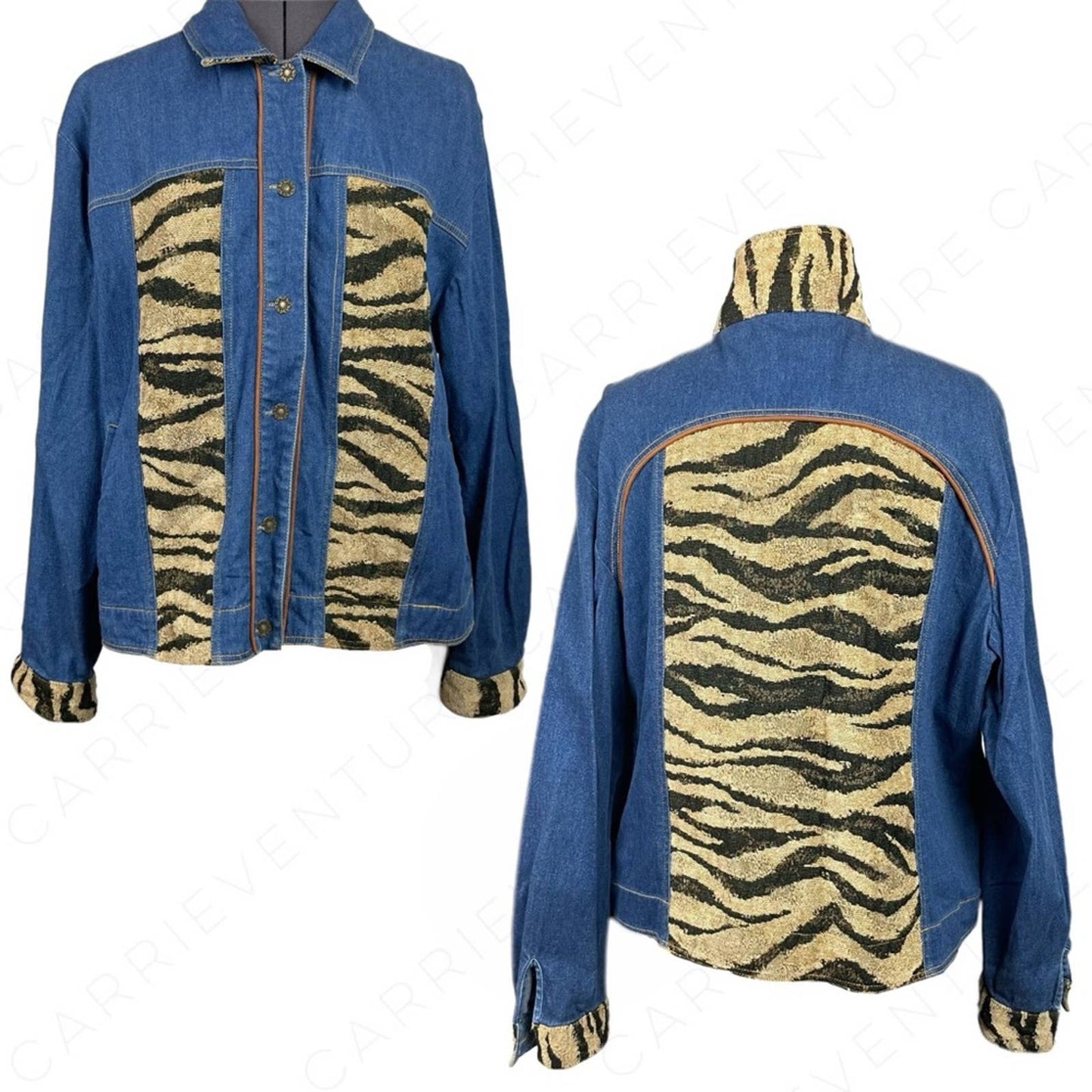 Vintage Erin London Zebra Tiger Tapestry Chambray Denim Button Shacket Jacket Size L