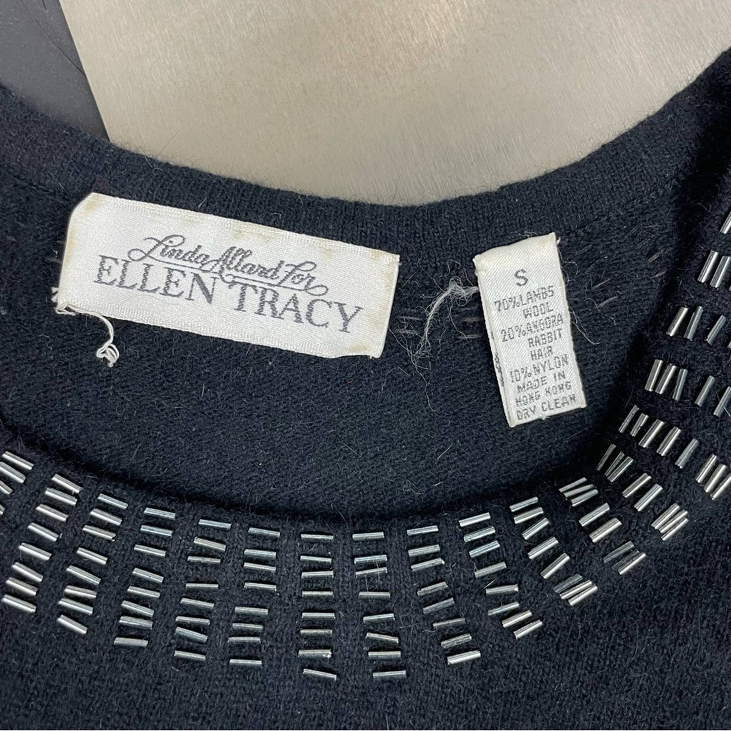Vintage Linda Allard for Ellen Tracy Black Beaded Angora Wool Blend Sweater Top Size S