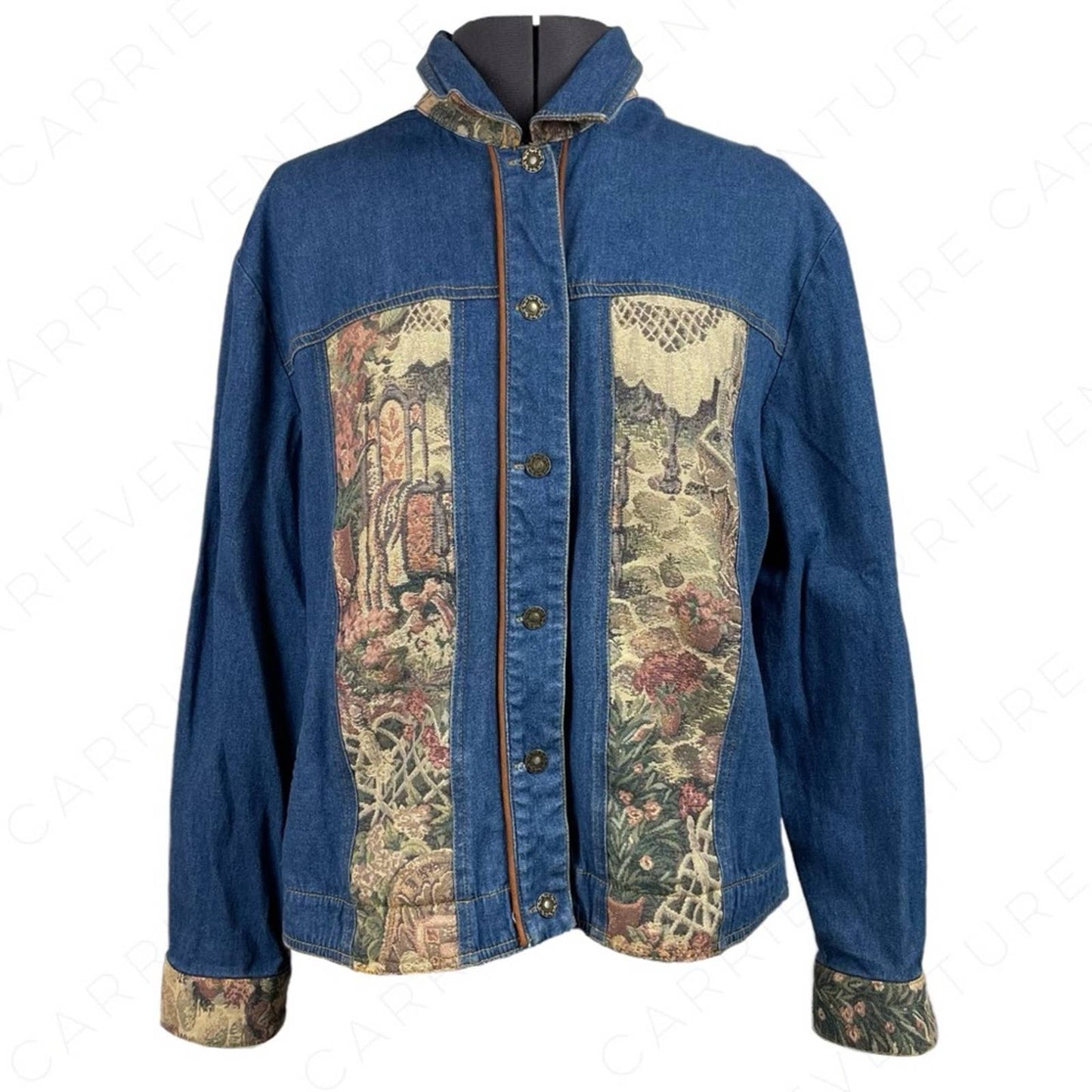 Vintage Erin London Tapestry Garden Floral Chambray Denim Button Shacket Jacket Size L