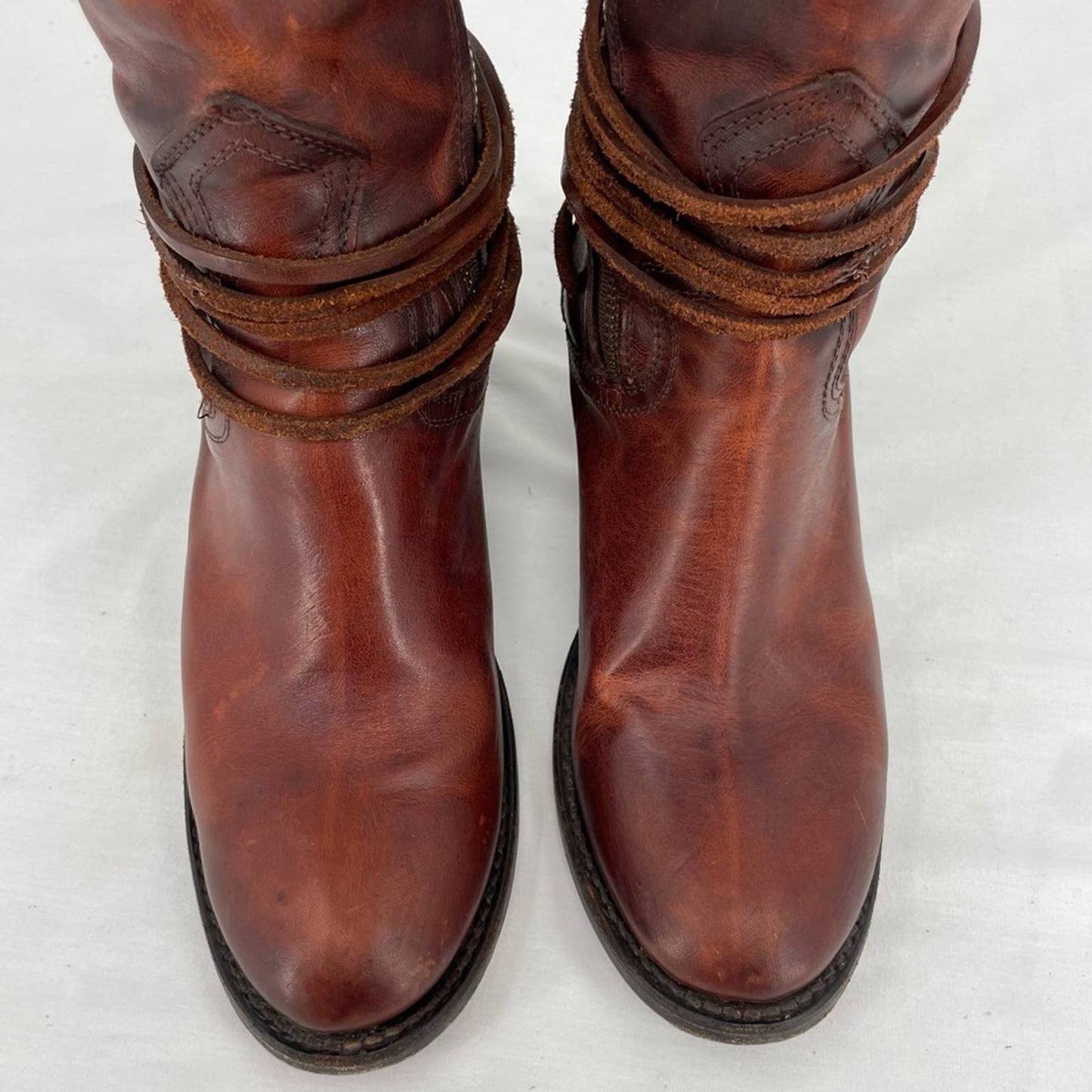 Freebird by Steven Coal Cognac Brown Red Lace Back Tall Heeled Leather Boots Size 9