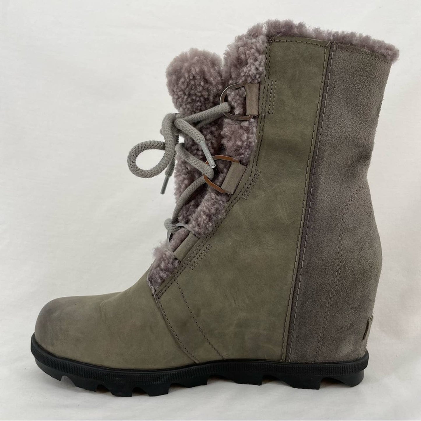 Sorel Joan of Arctic Wedge II Shearling Leather Boots Quarry Grey Greige Size 9.5
