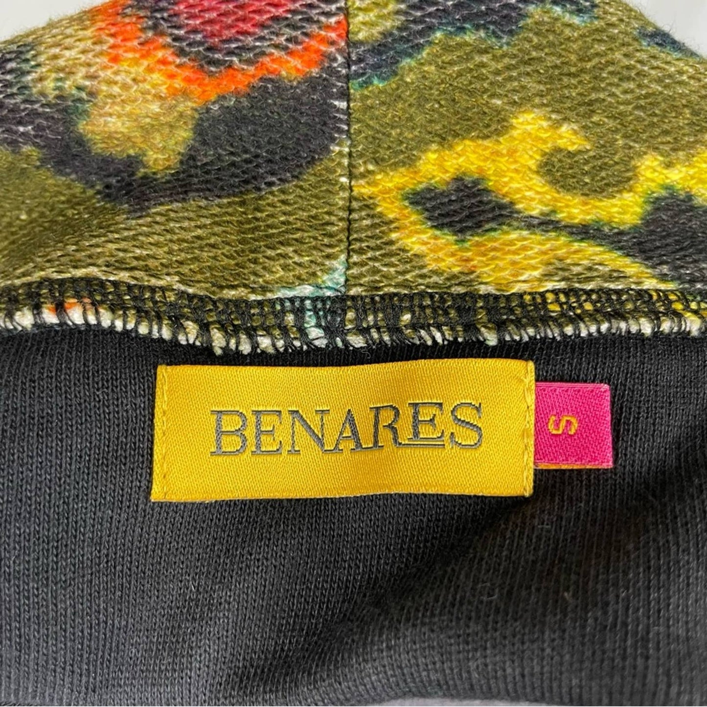 Benares Duster Jacket Cardigan Black Cotton Open Front Colorful Tapestry Trim Size S