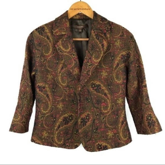Tesori Jacket Paisley Bouclé Wool Blend Earth Tones Open Front Fall Blazer Size S