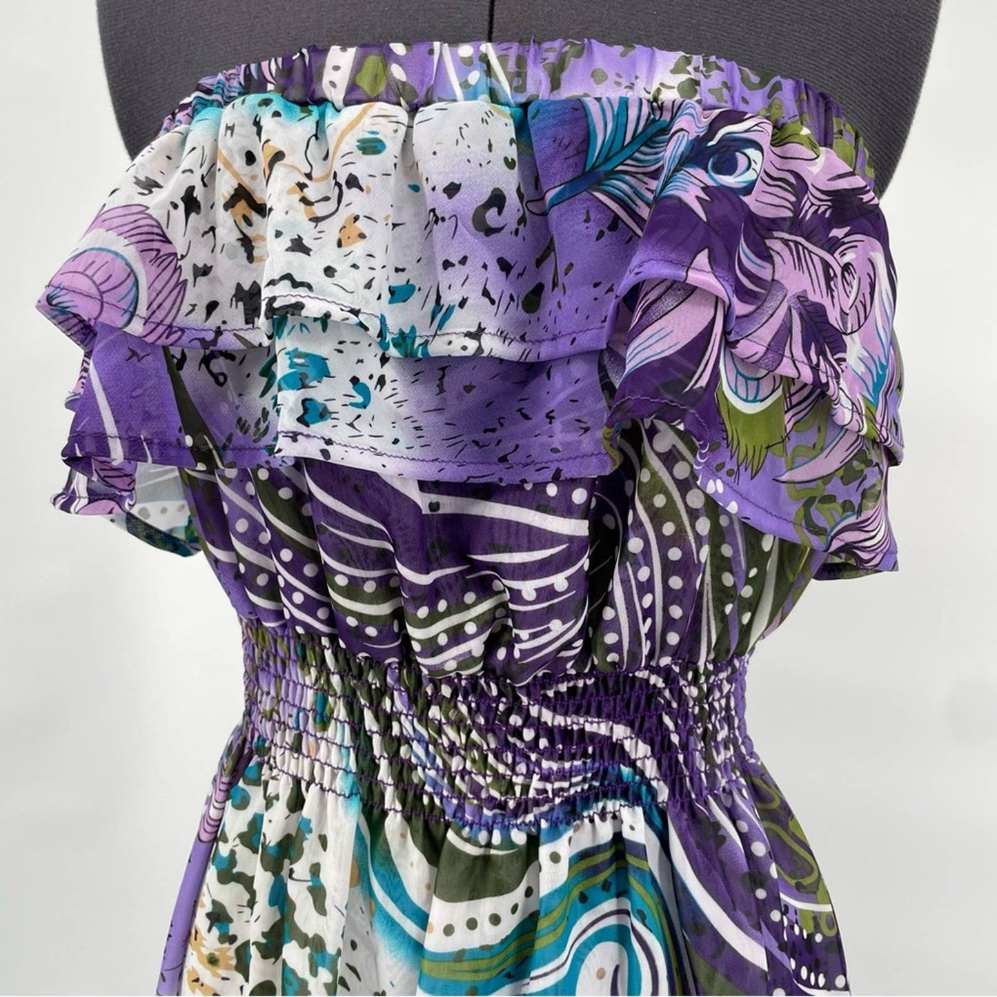 Ariella Purple Floral Printed Chiffon Dress Strapless Elasticized Stretchy Lined Size S