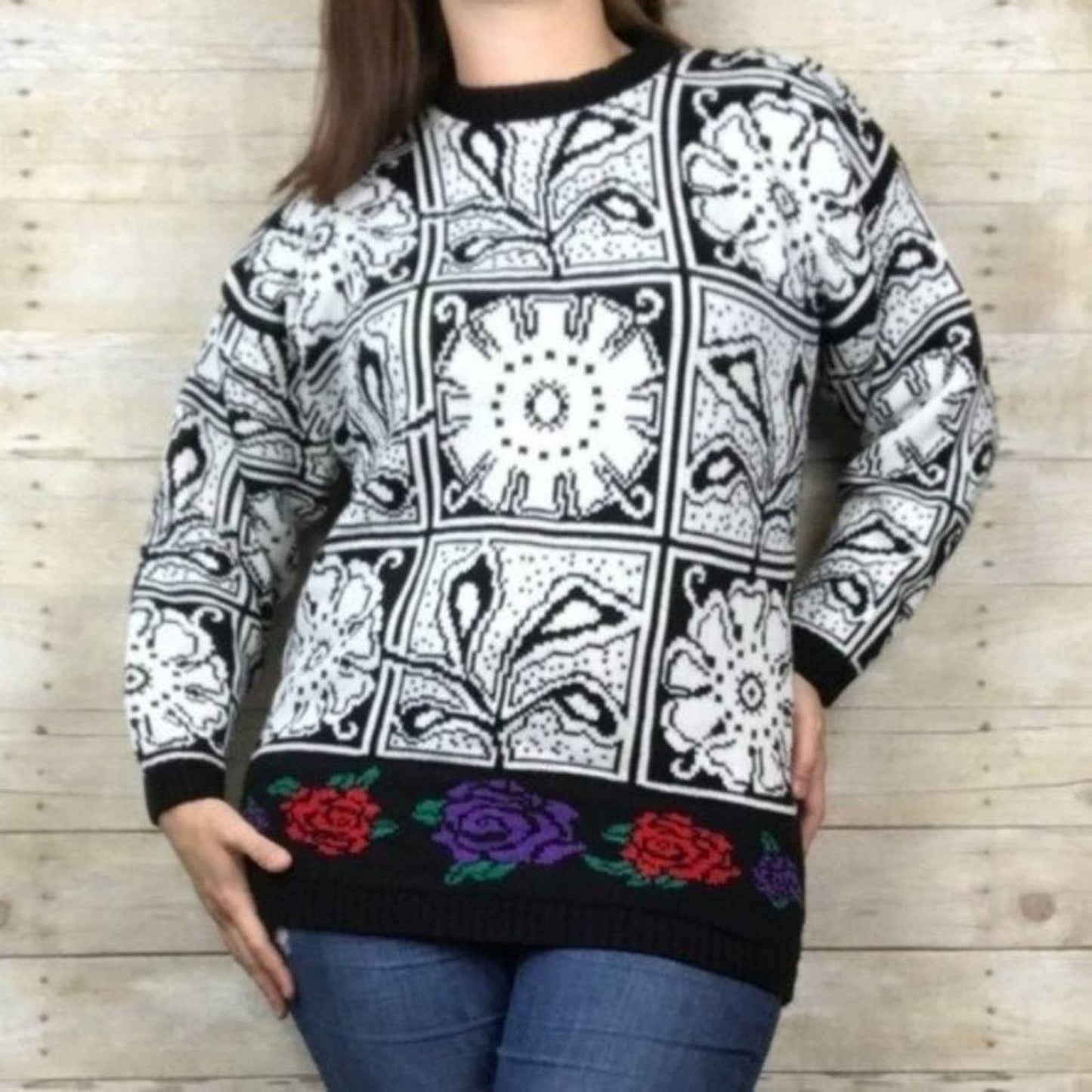 Vintage Carriage Court Black & White Retro Floral Panel Oversized Boxy Sweater Size L