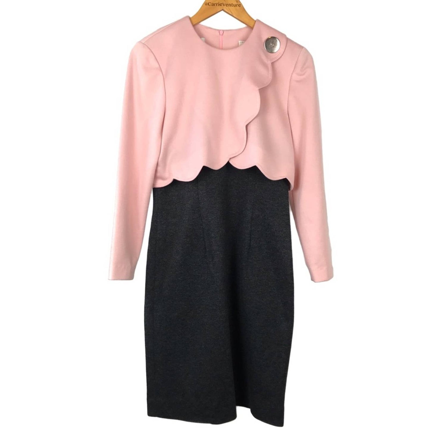 Vintage Leslie Fay Dress Cocktail Pink Charcoal Gray Scalloped Old Money Elegant Size 8P