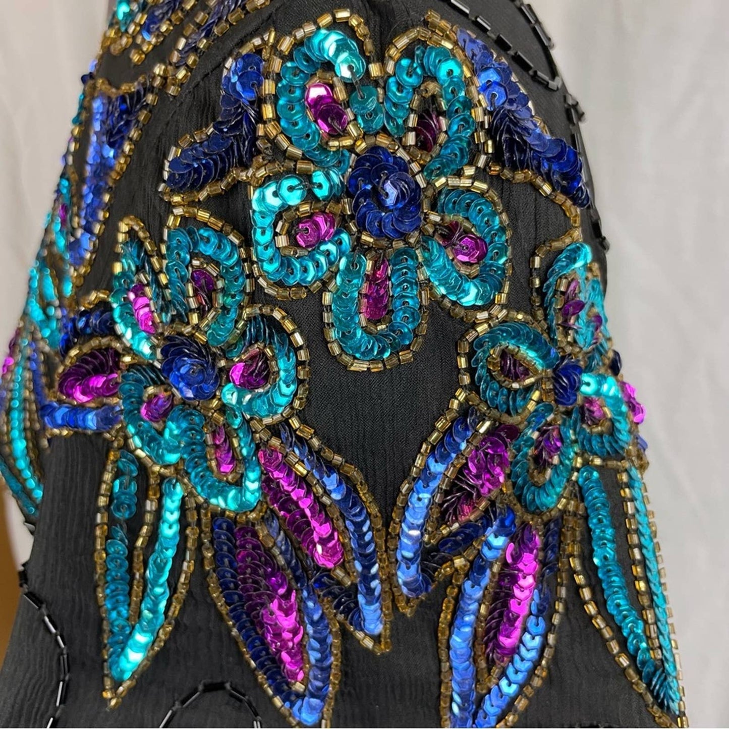 Vintage Black Silk Beaded Sequin Dress Peacock Mardi Gras Gown Blue Aqua Purple Size S