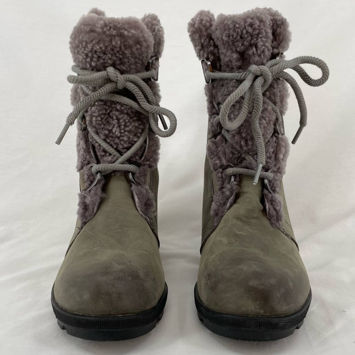 Sorel Joan of Arctic Wedge II Shearling Leather Boots Quarry Grey Greige Size 9.5
