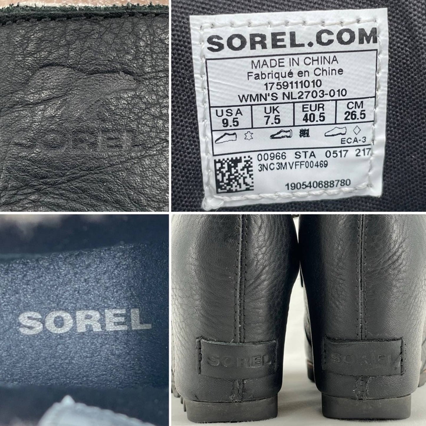 Sorel Black Joan of Arctic Wedge Real Shearling Trim Leather Mid Style Boots Size 9.5
