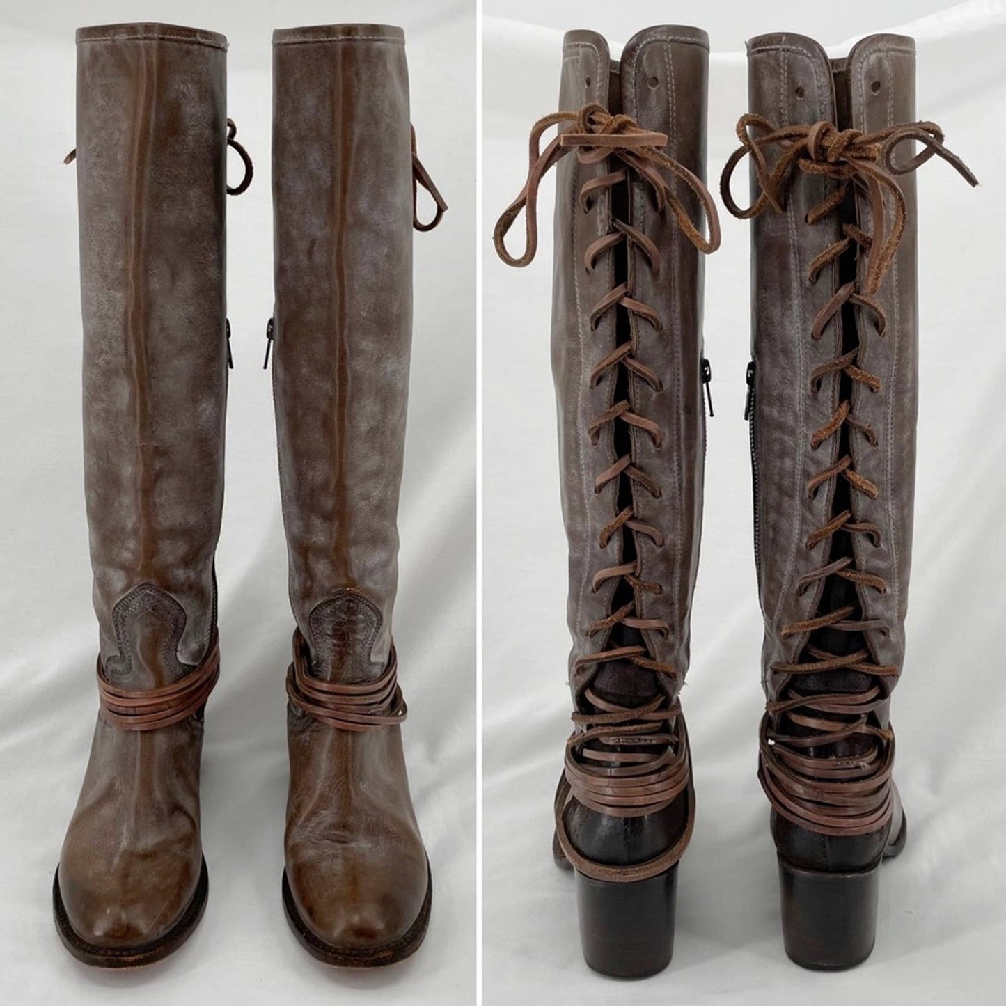 Freebird by Steven Coal Grey Gray Brown Lace Up Tall Distressed Leather Boots Size 7