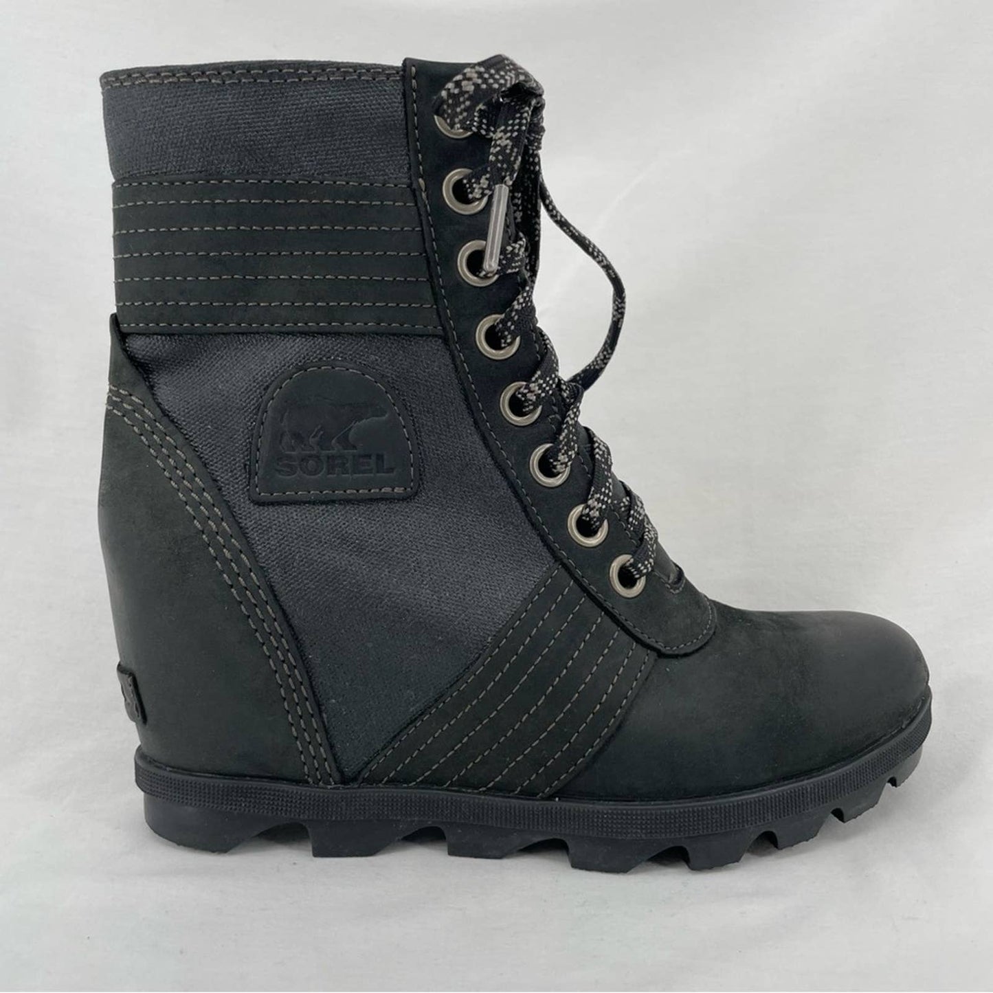 Sorel Womens Lexie Wedge Boot Black Leather Waterproof Canvas Winter Booties Size 8.5