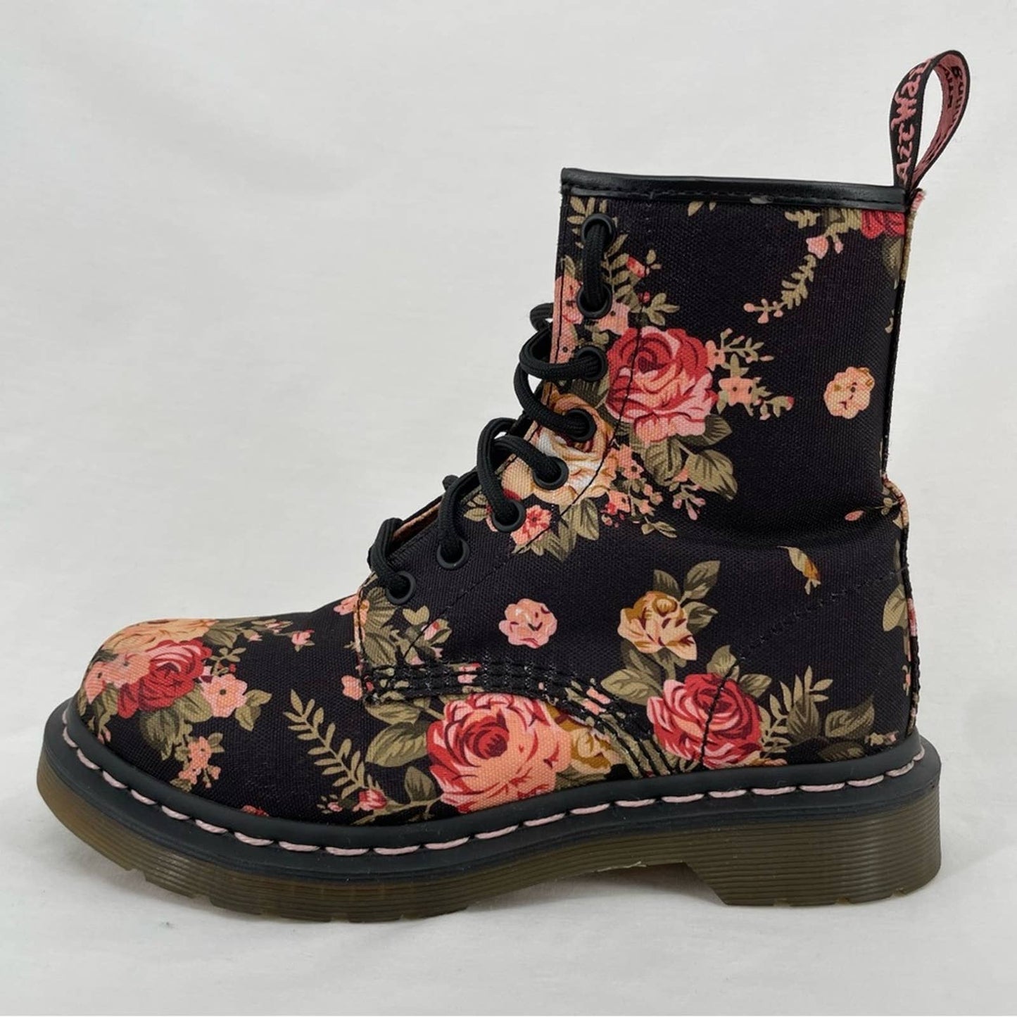 Dr. Martens 1460 Victorian Rose Antique Floral Black Canvas Combat Moto Boot Size 6