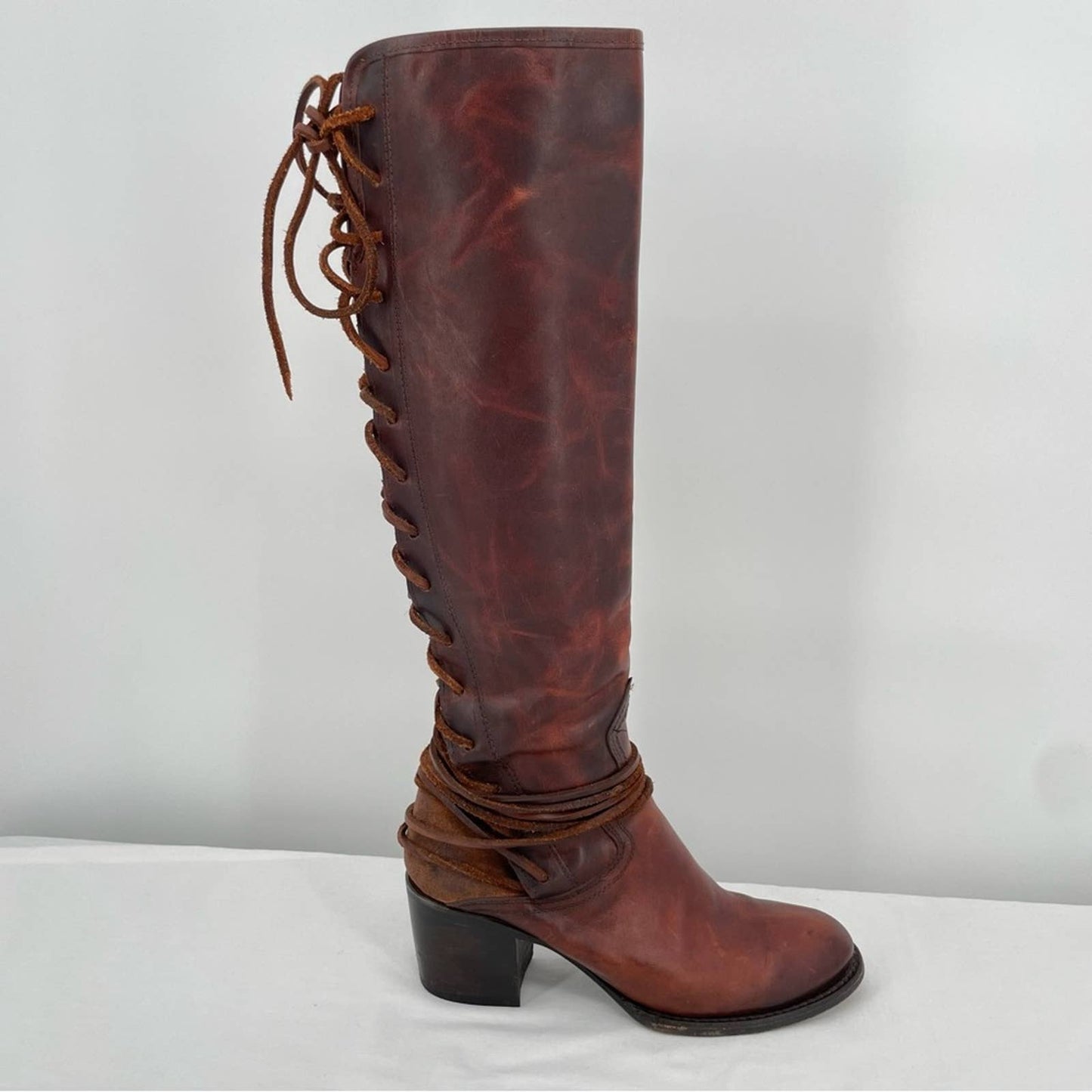 Freebird by Steven Coal Cognac Brown Red Lace Back Tall Heeled Leather Boots Size 9