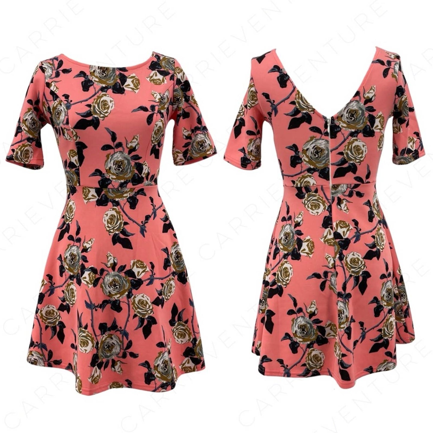 Forever 21 Coral Pink Roses Floral Gray Print Tea Party Garden Shower Dress Size S