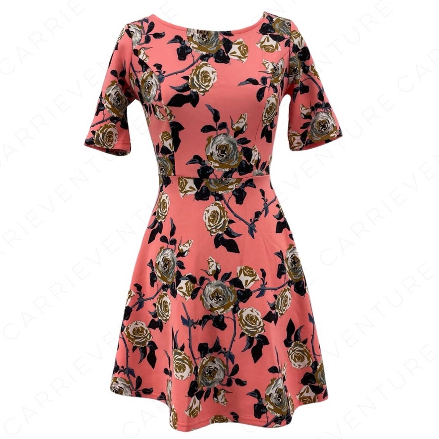 Forever 21 Coral Pink Roses Floral Gray Print Tea Party Garden Shower Dress Size S