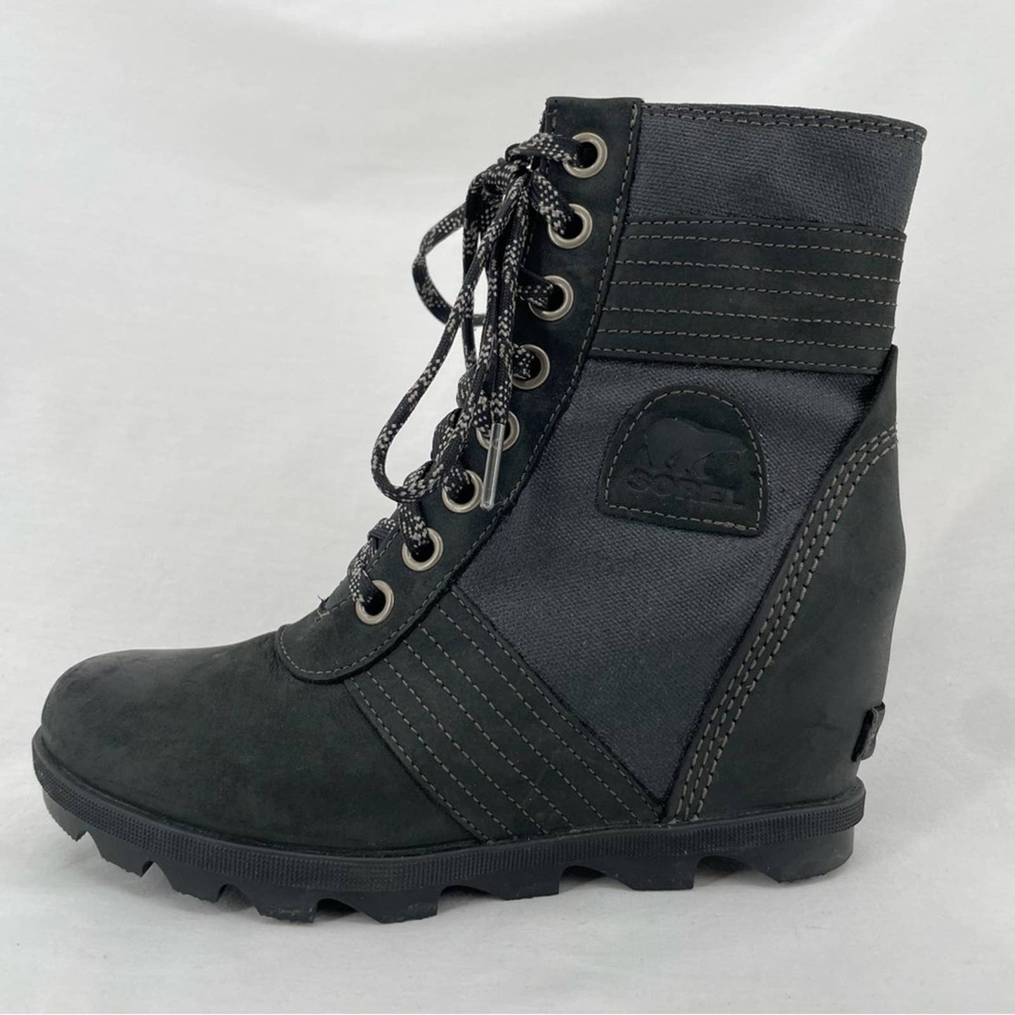 Sorel Womens Lexie Wedge Boot Black Leather Waterproof Canvas Winter Booties Size 8.5
