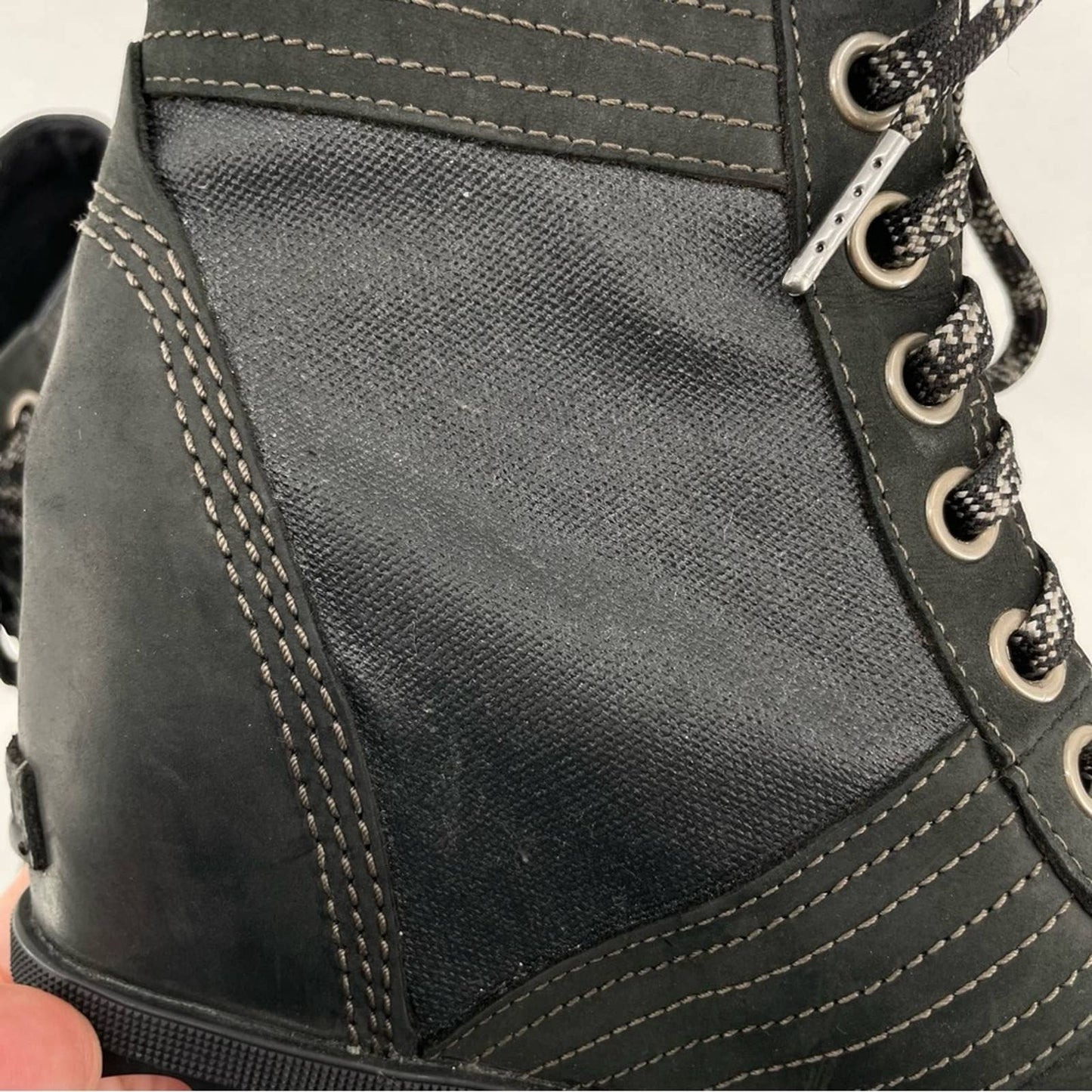 Sorel Womens Lexie Wedge Boot Black Leather Waterproof Canvas Winter Booties Size 8.5