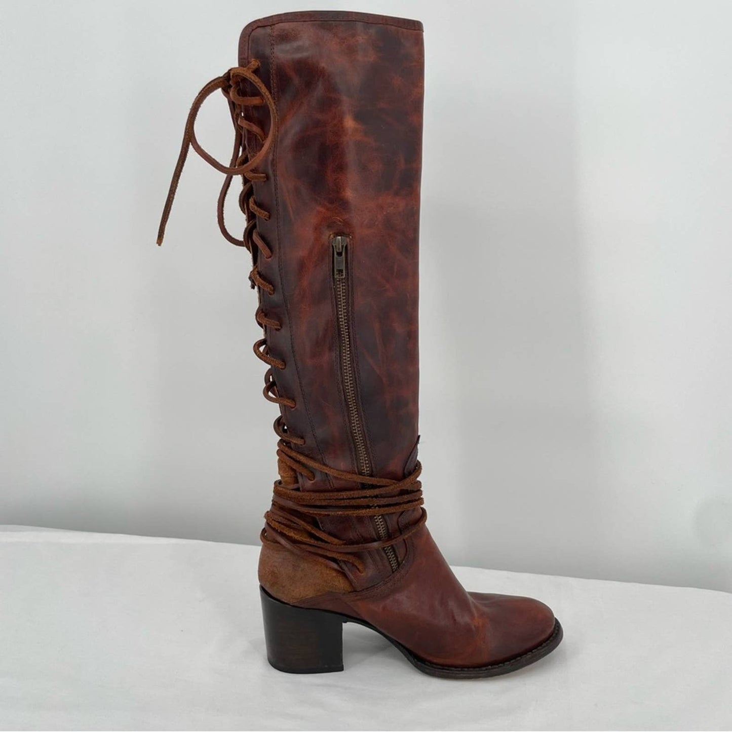 Freebird by Steven Coal Cognac Brown Red Lace Back Tall Heeled Leather Boots Size 9
