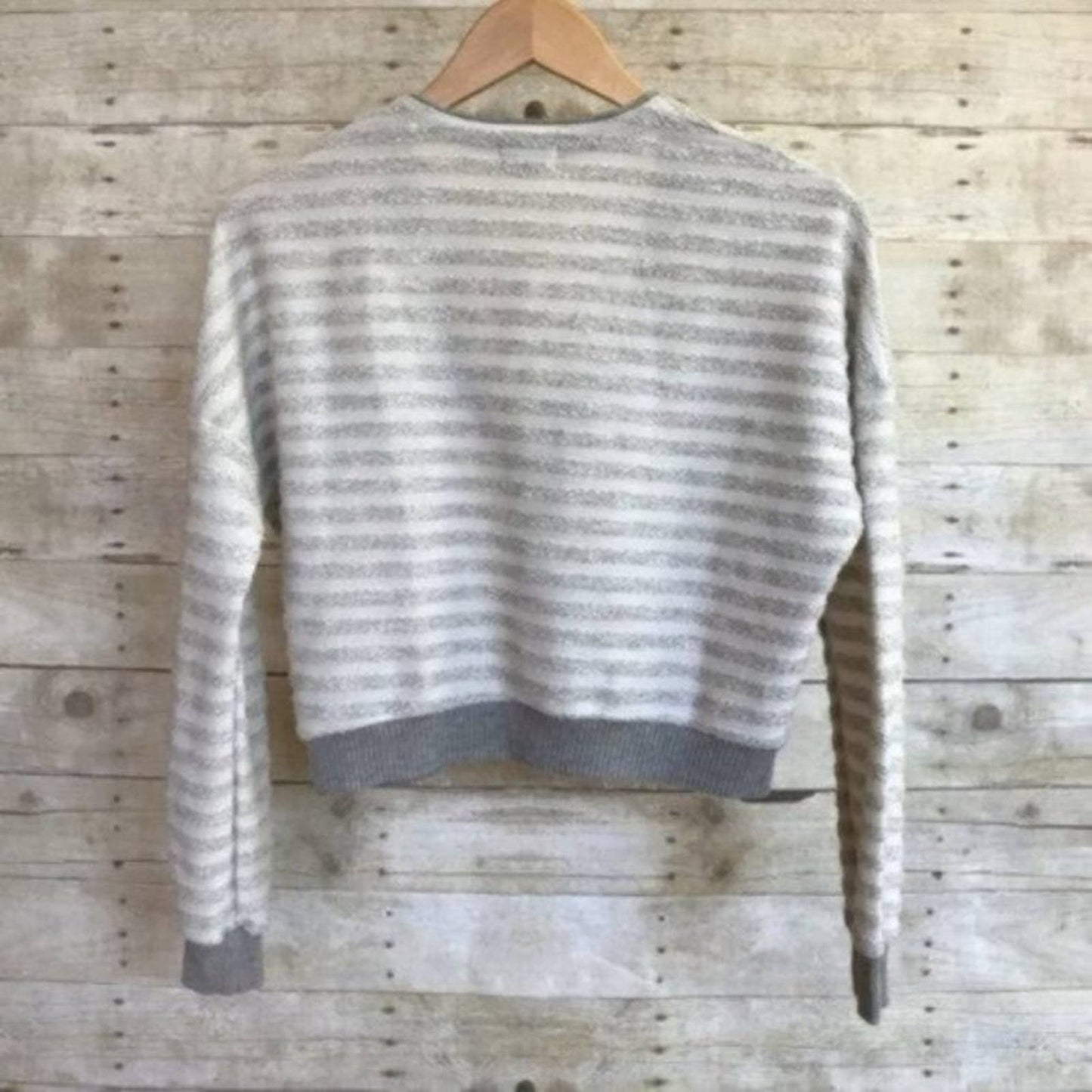 Maison Jules Sweater Gray Striped Cropped Knit Cardigan Coastal Academia Preppy Size S