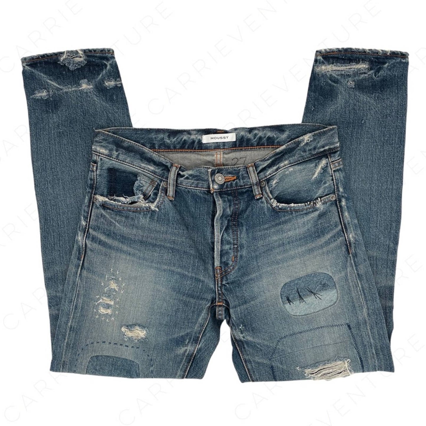 Moussy Premium Distressed Embroidered Patch Blue Jeans 27 Style 0108AC11-5960-1 Size 27