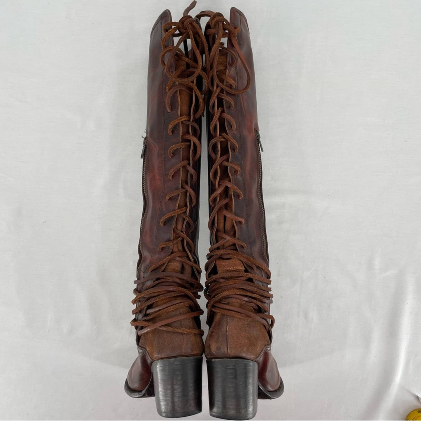 Freebird by Steven Coal Cognac Brown Red Lace Back Tall Heeled Leather Boots Size 9