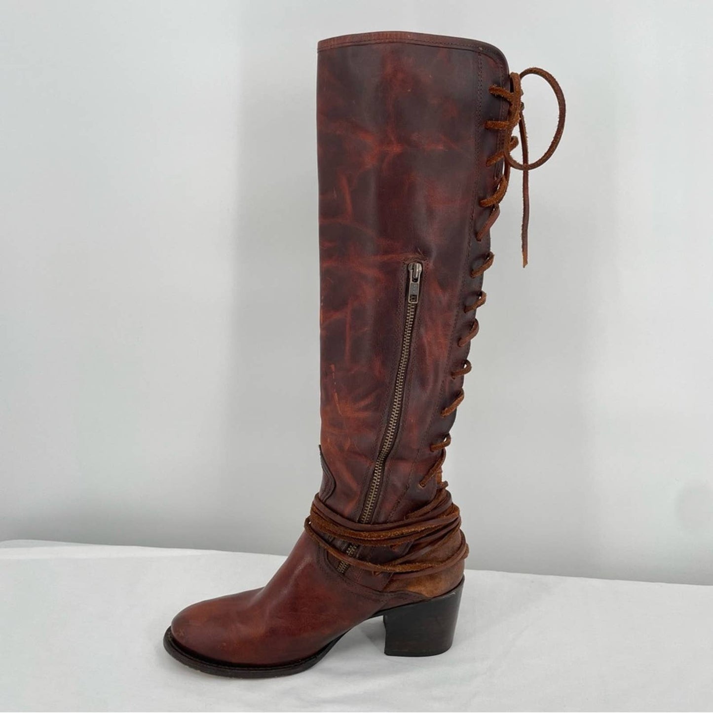 Freebird by Steven Coal Cognac Brown Red Lace Back Tall Heeled Leather Boots Size 9