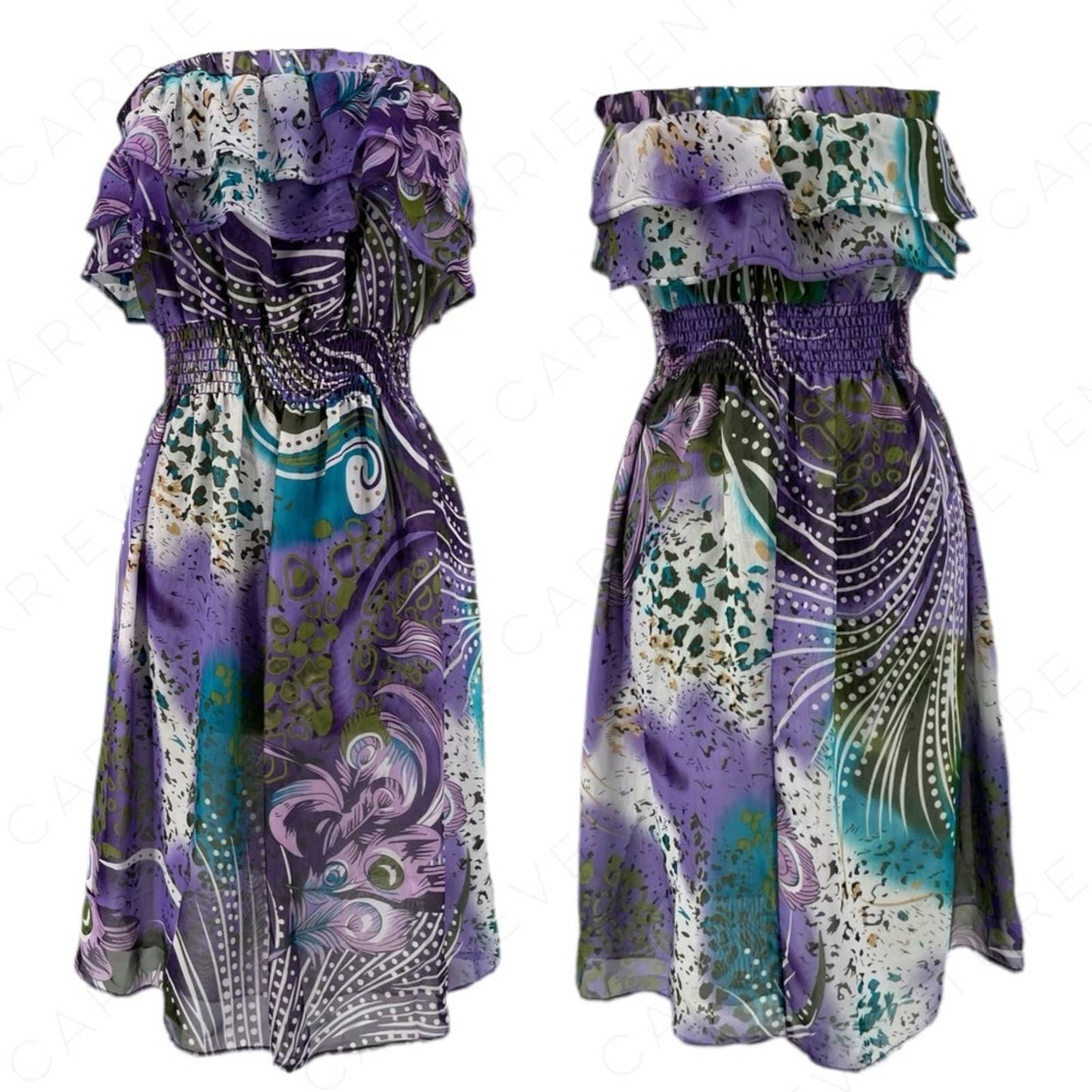 Ariella Purple Floral Printed Chiffon Dress Strapless Elasticized Stretchy Lined Size S