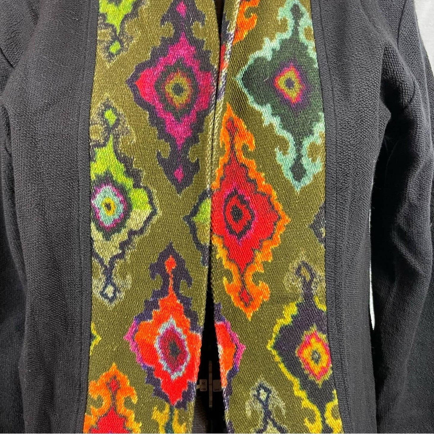 Benares Duster Jacket Cardigan Black Cotton Open Front Colorful Tapestry Trim Size S