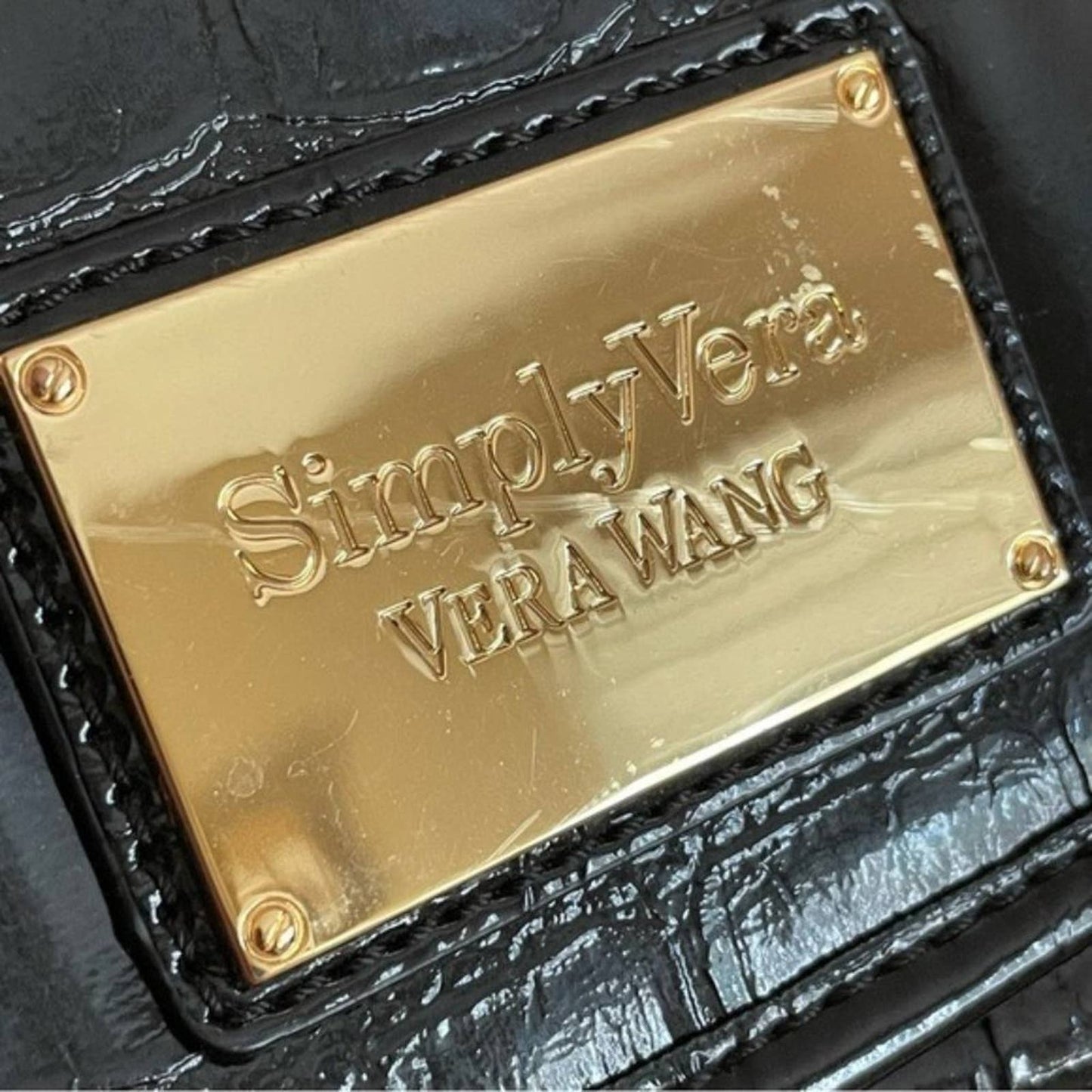 Simply Vera Wang Black Crocodile Texture Faux Leather Foldover Handbag Purse