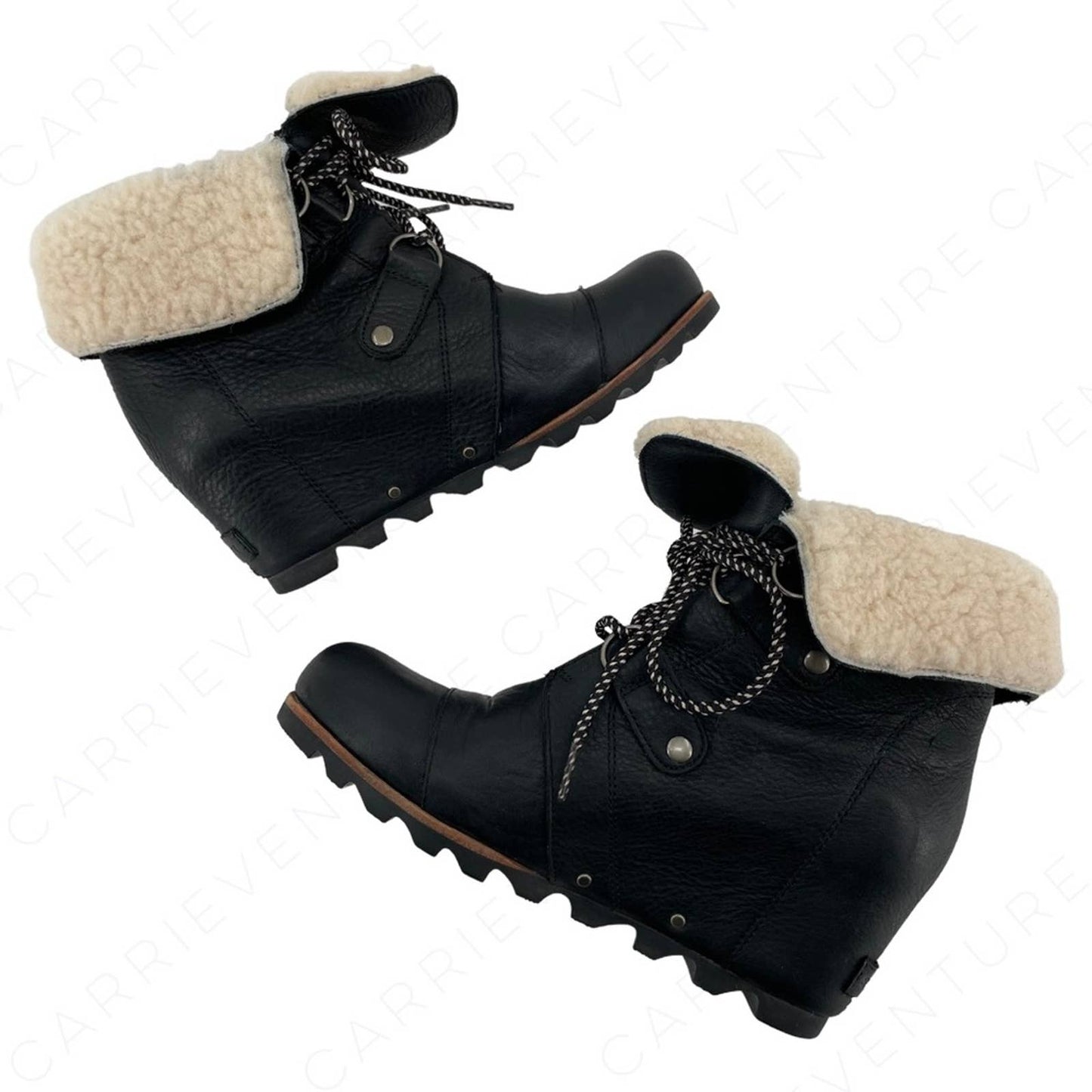 Sorel Black Joan of Arctic Wedge Real Shearling Trim Leather Mid Style Boots Size 9.5
