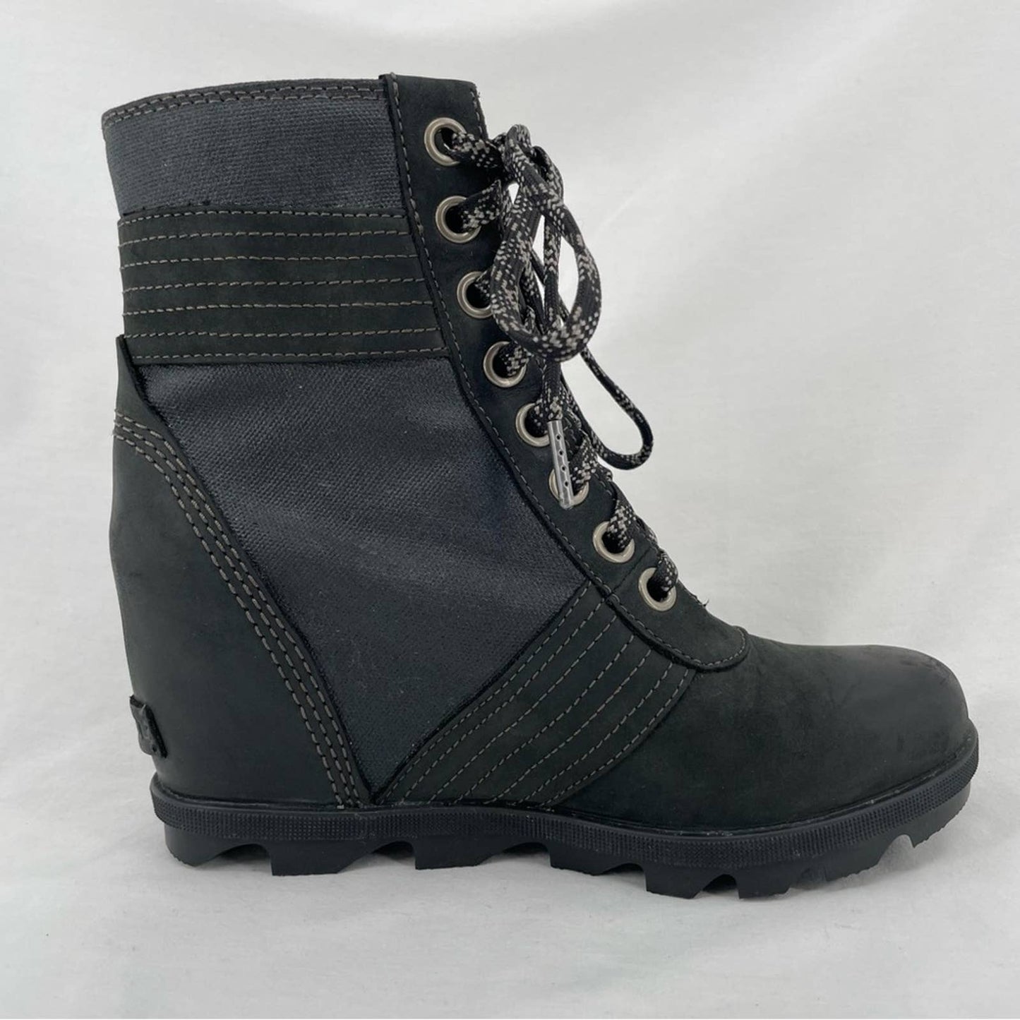 Sorel Womens Lexie Wedge Boot Black Leather Waterproof Canvas Winter Booties Size 8.5
