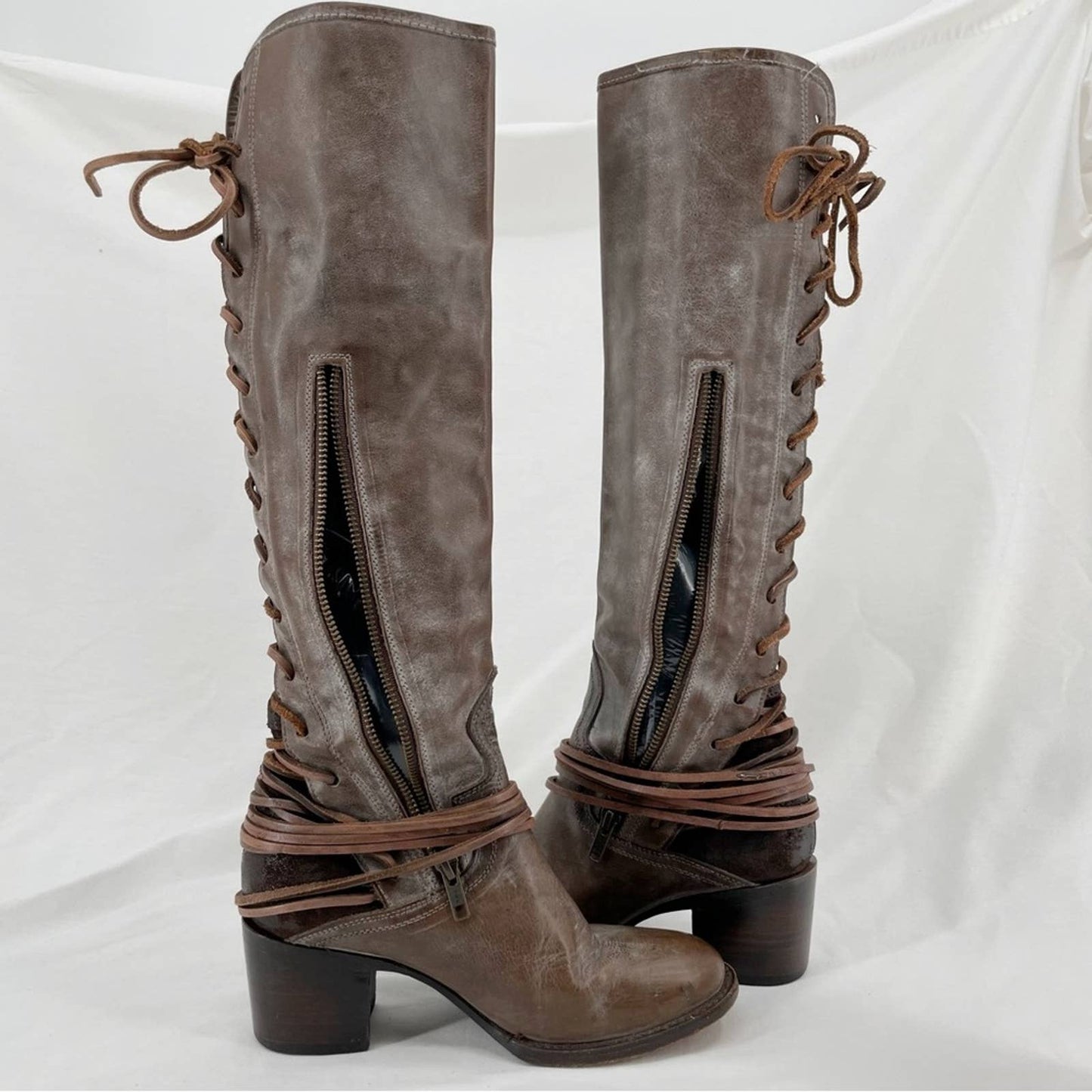 Freebird by Steven Coal Grey Gray Brown Lace Up Tall Distressed Leather Boots Size 7