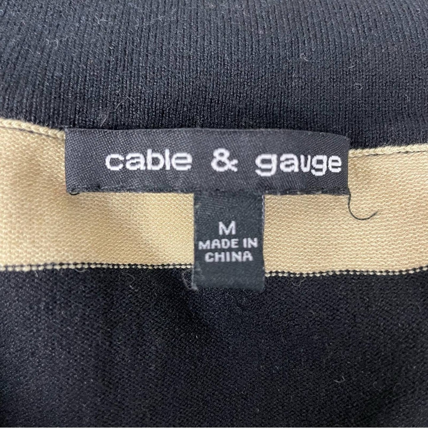 Cable & Gauge Sweater Black & Camel Tan Striped Silk Blend Open Front Cardigan Size M