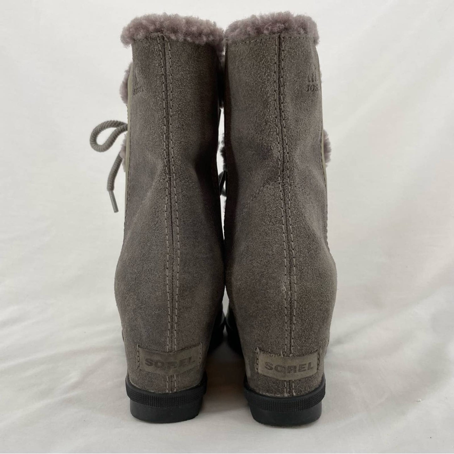 Sorel Joan of Arctic Wedge II Shearling Leather Boots Quarry Grey Greige Size 9.5