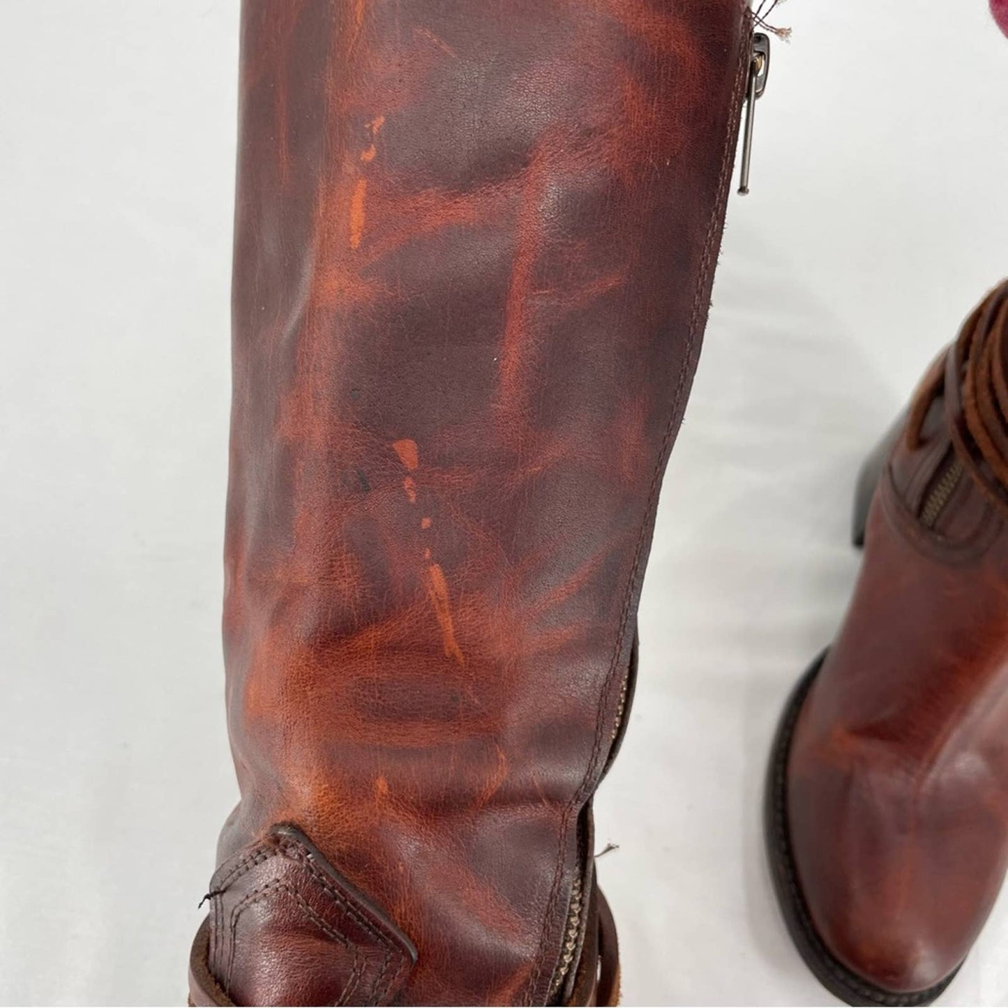 Freebird by Steven Coal Cognac Brown Red Lace Back Tall Heeled Leather Boots Size 9